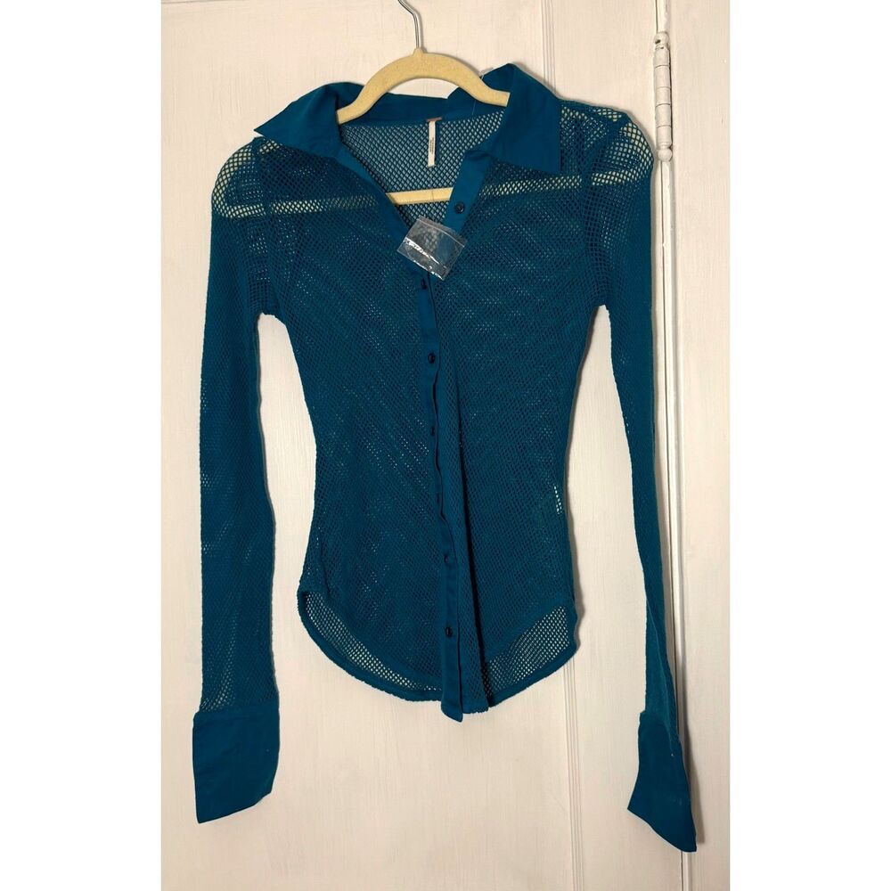 Free People Siggi Button Down Mesh Cotton Shirt Teal Blue Green - Picture 5 of 9